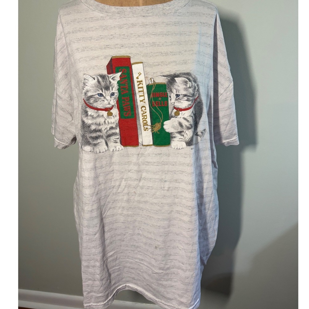 Vintage Christmas Kittens Graphic T-Shirt Gray 2XL Holiday Tee